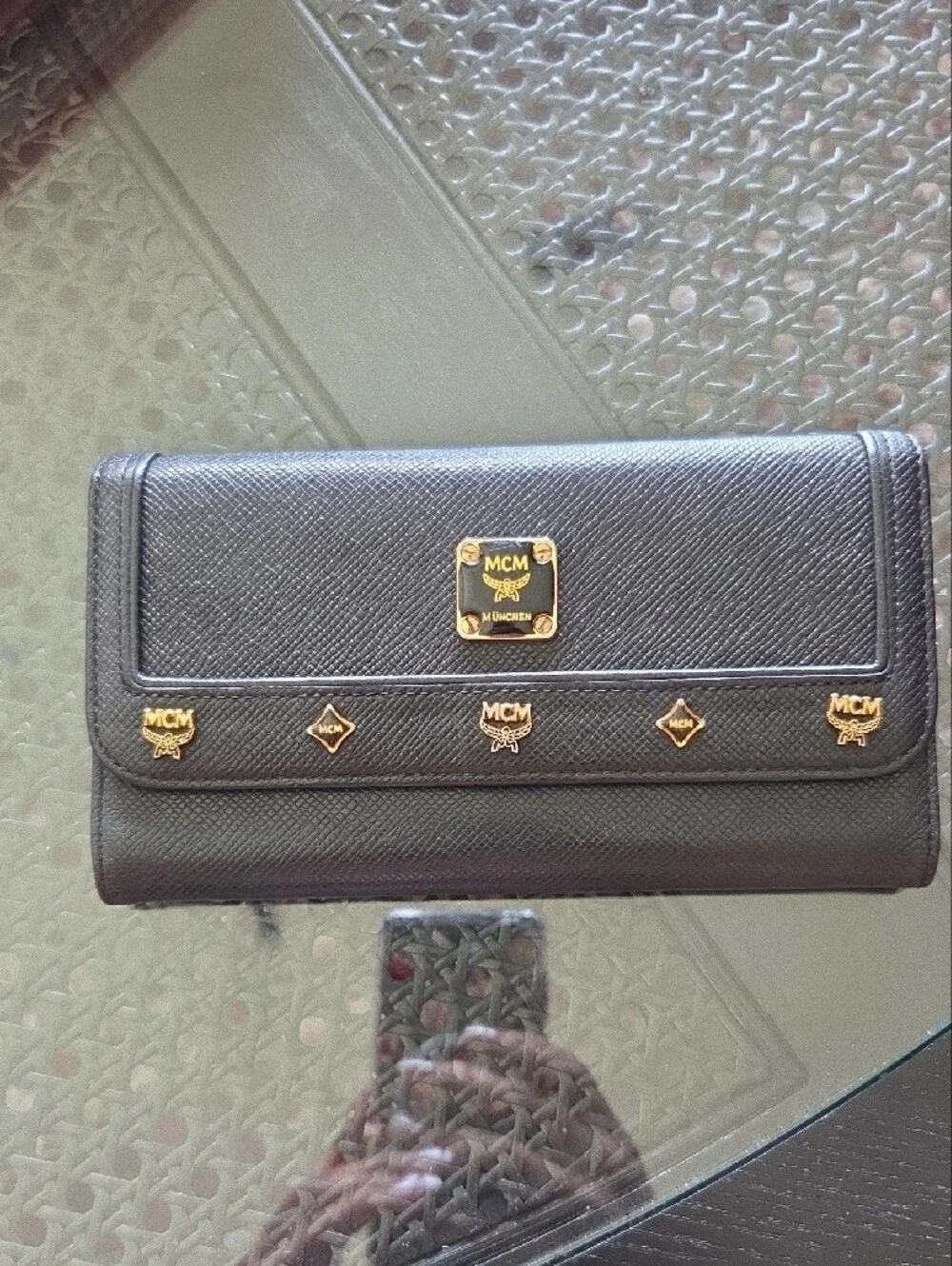 MCM Black Leather Logo-Stud Continental Wallet with Gold Accents